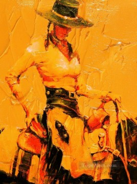  Original Art - red cowgirl with thick paints western original